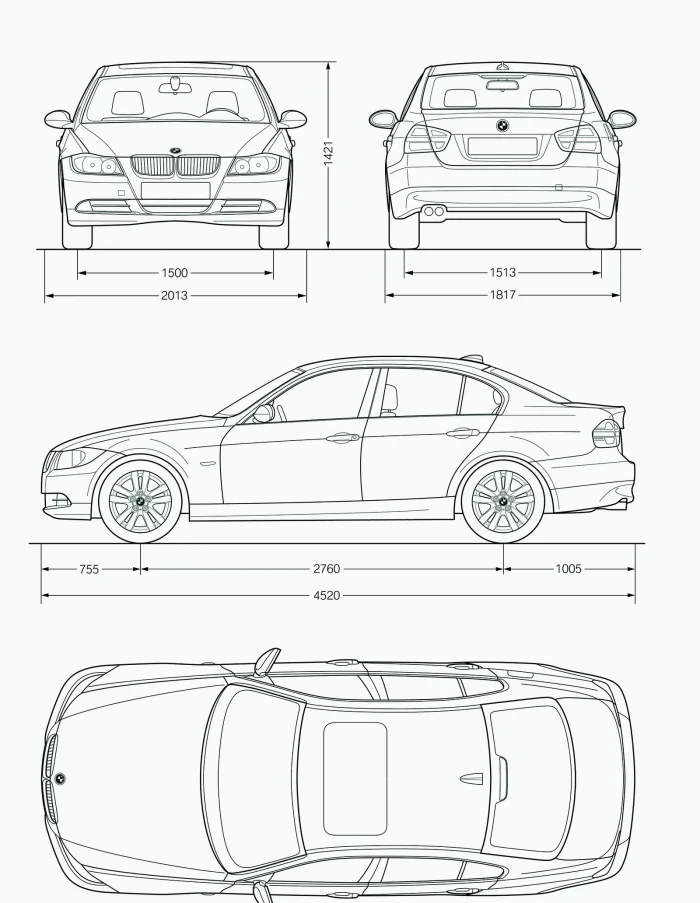 BMW E90 sedan na rysunku wymiarowym — widoki z przodu, tyłu, boku i góry.
