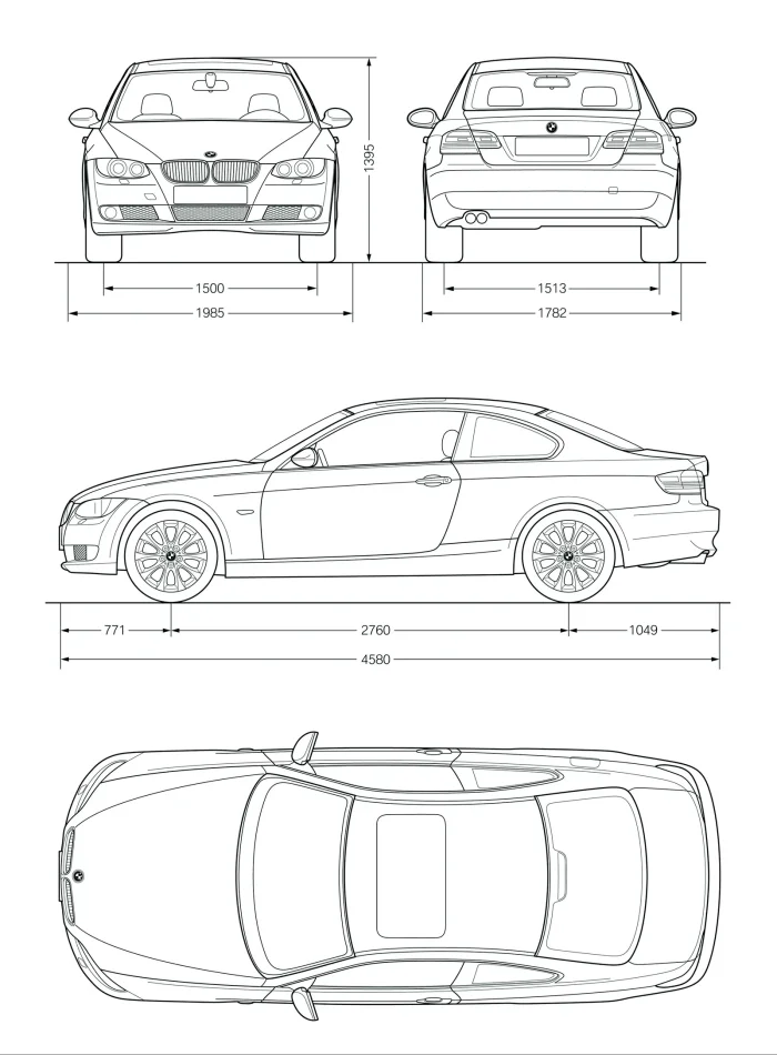 Rysunek fabryczny Coupé. Rozstaw osi 2760 mm — dokładnie tyle samo, co w sedanie E90, mimo że wspólnej blachy jest tu niewiele.